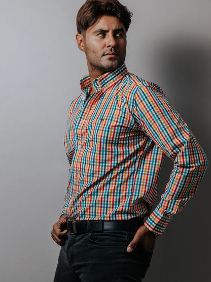 CAMISA HOMBRE SLIM FIT, CUADROS AMARILLOS, ROJOS, VERDES, AZUL