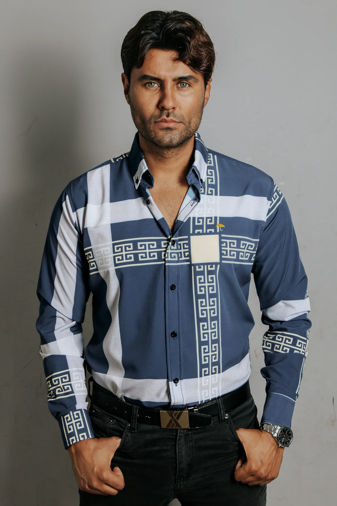 CAMISA HOMBRE SLIM FIT, AZUL LÍNEAS GRIS GRECAS CREMA