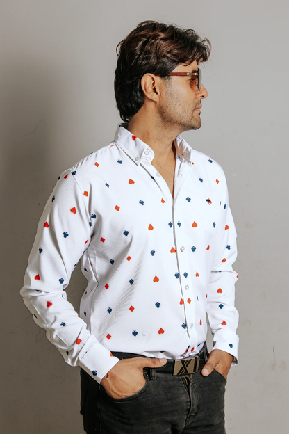 CAMISA HOMBRE SLIM FIT, BLANCA PICAS TRÉBOL CORAZONES