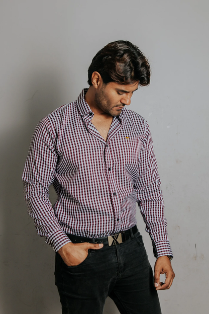 CAMISA HOMBRE SLIM FIT, CUADROS VINO Y BLANCO
