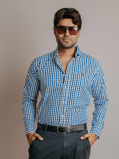 CAMISA HOMBRE SLIM FIT, CUADRO AZUL REY Y NEGRO