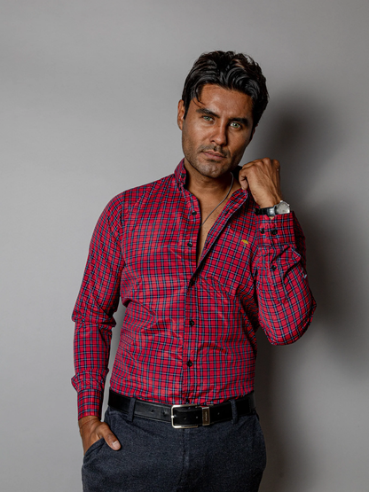 CAMISA CASUAL HOMBRE,ROJA MICROCUADRO AZUL MARINO