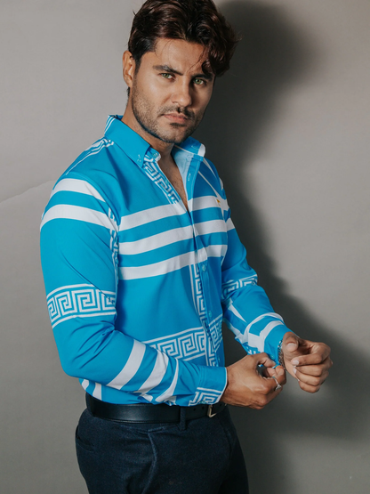 CAMISA HOMBRE SLIM FIT, AZUL CIELO DETALLE GRIEGO BLANCO