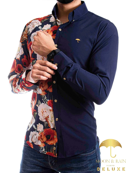 CAMISA HOMBRE CASUAL FLORES NARANJAS, BLANCAS - AZUL MARINO