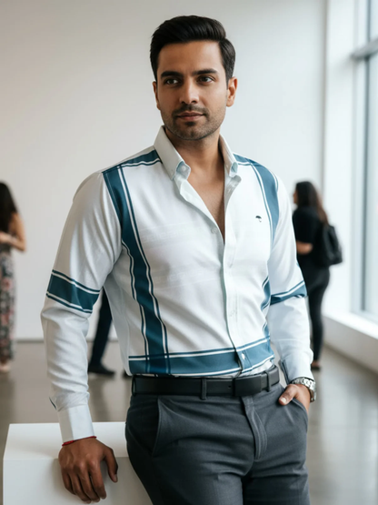 CAMISA HOMBRE SLIM FIT, VERDE GRECAS BLANCA