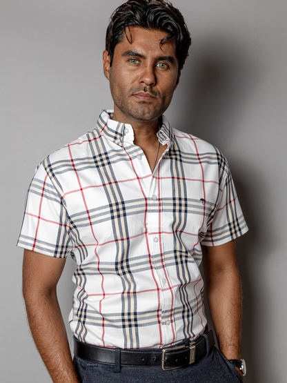 CAMISA HOMBRE CASUAL BLANCA LINEAS CAFE, AZUL Y ROJO