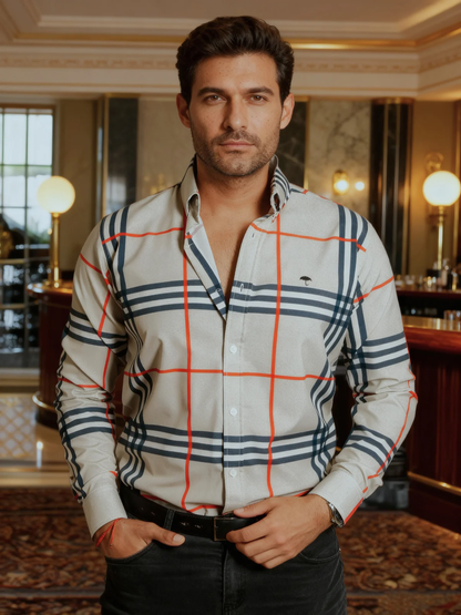 CAMISA HOMBRE SLIM FIT, GRIS CUADRO BLANCO Y AZUL LÍNEA NARANJA