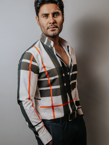 CAMISA CASUAL HOMBRE CREMA LÍNEAS CHOCOLATE NARANJA FLORES