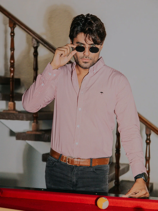 CAMISA HOMBRE SLIM FIT, MICROCUADRO ROJO