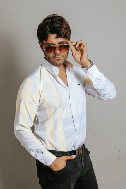 CAMISA HOMBRE SLIM FIT, LÍNEAS AZUL Y AMARILLA