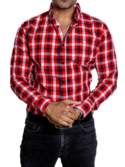 CAMISA HOMBRE CASUAL CUADROS ROJOS, NEGROS, BLANCOS