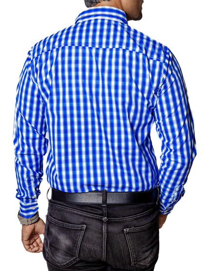 CAMISA HOMBRE CASUAL CUADROS AZUL CLARO, BLANCOS