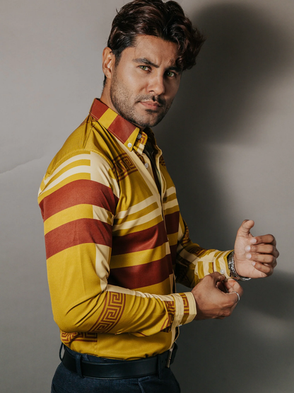 CAMISA HOMBRE SLIM FIT VERDE OLIVO DETALLE GRIEGO CHOCOLATE