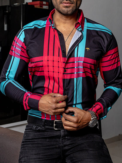 CAMISA CASUAL HOMBRE, NEGRA LÍNEAS ROSA Y AZUL TURQUEZA