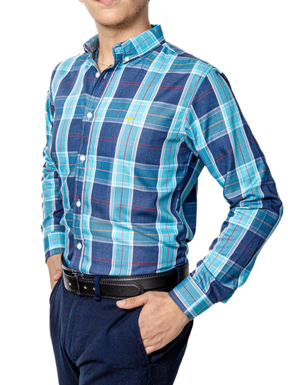 CAMISA CASUAL HOMBRE,CUADROS AZUL TURQUESA LINEA ROJA
