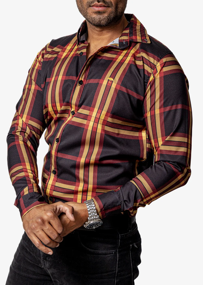 CAMISA CASUAL HOMBRE, NEGRA LÍNEAS ROJA Y AMARILLA