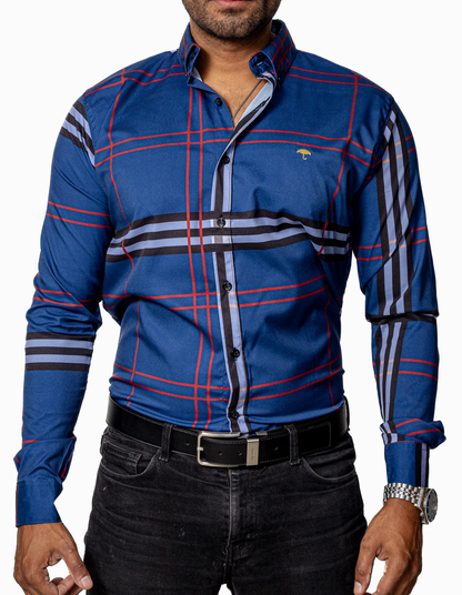 CAMISA HOMBRE CASUAL AZUL ACERO RAYAS NEGRAS, BLANCAS, ROJAS