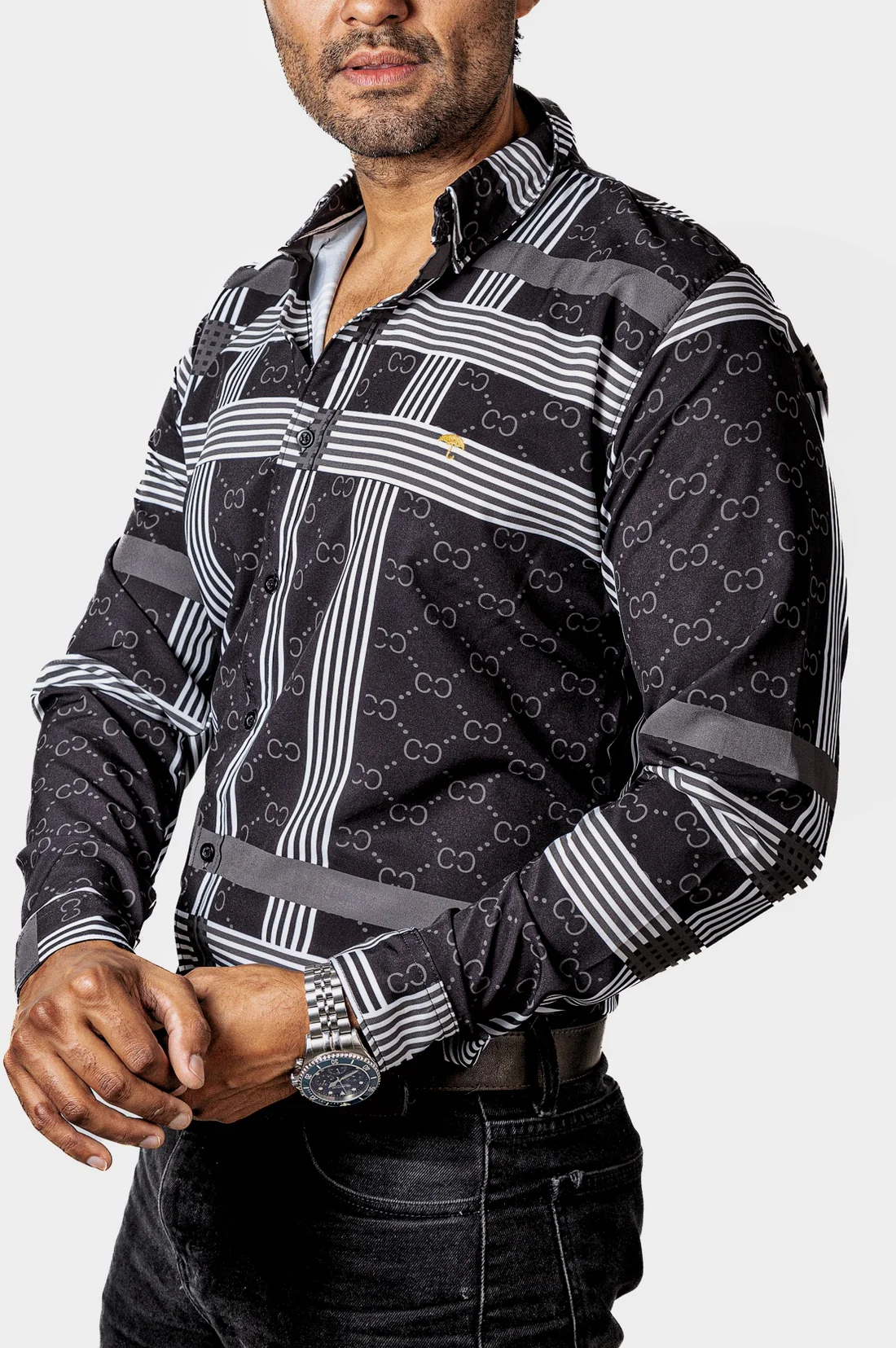 CAMISA HOMBRE CASUAL NEGRA RAYAS BLANCAS FIGURAS