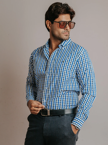 CAMISA HOMBRE SLIM FIT, CUADRO AZUL REY Y NEGRO