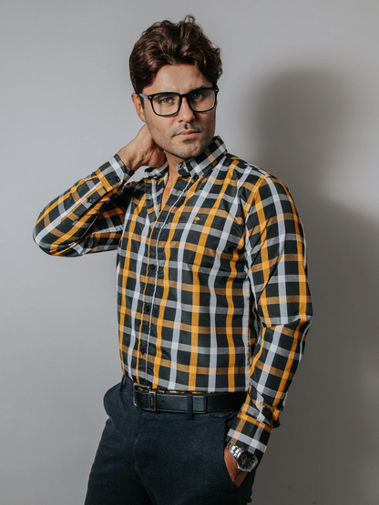 CAMISA HOMBRE SLIM FIT CUADROS BLANCO NARANJA NEGRO