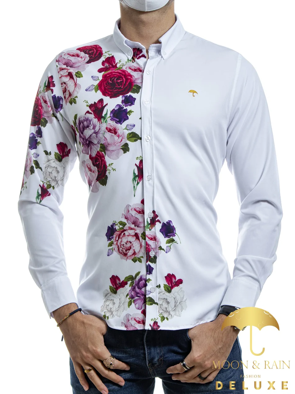 CAMISA SLIM FIT BLANCA MITAD FLORES ROSAS