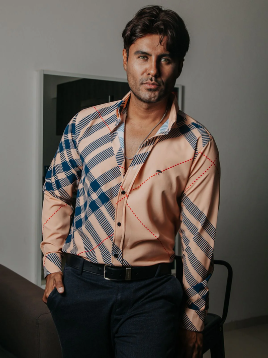 CAMISA HOMBRE SLIM FIT, MELON CUADRO AZUL MARINO LÍNEA ROJA