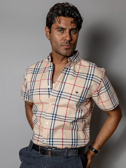 CAMISA CASUAL HOMBRE, BEIGE LÍNEAS ROJO, NEGRA Y BLANCA