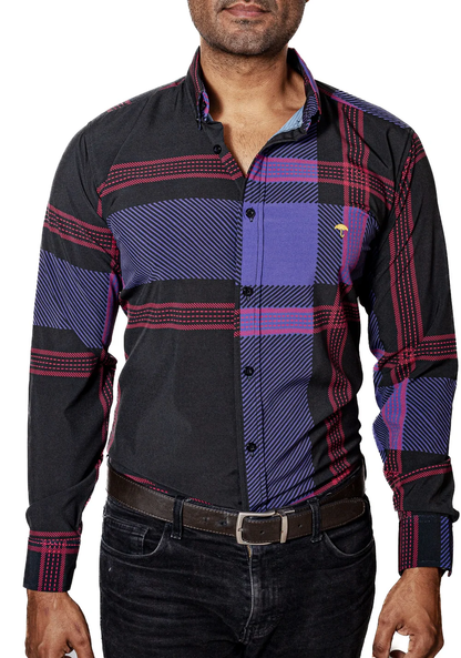 CAMISA HOMBRE CASUAL NEGRA RAYAS MORADA, ROJA
