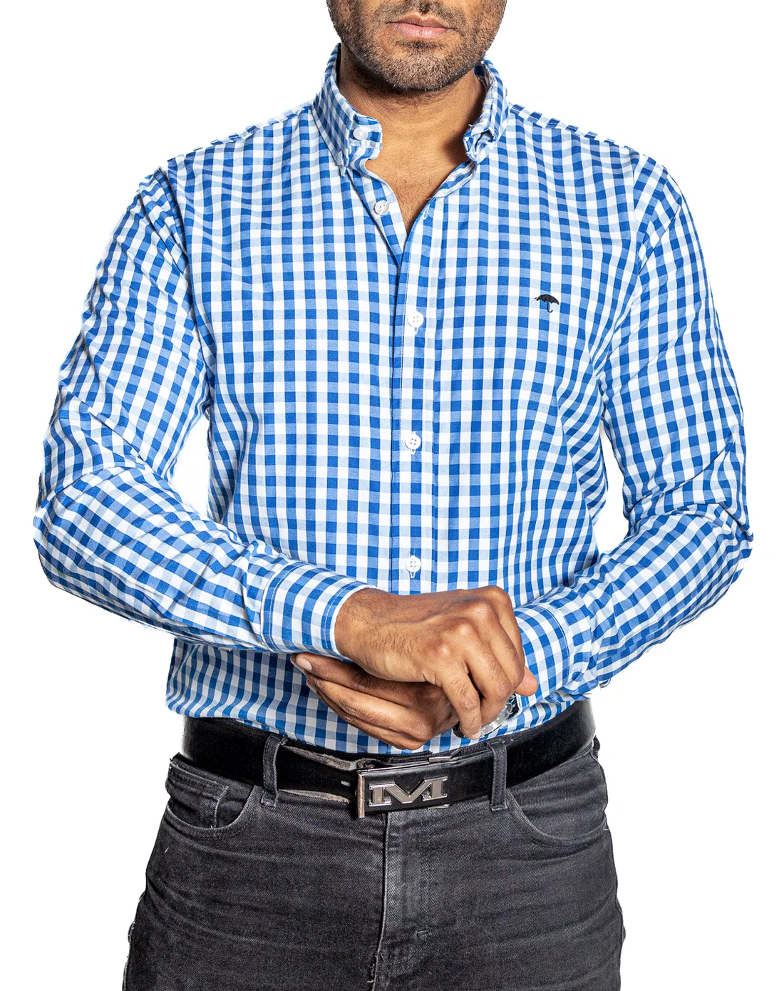 CAMISA HOMBRE CASUAL CUADROS AZUL ACERO, BLANCOS