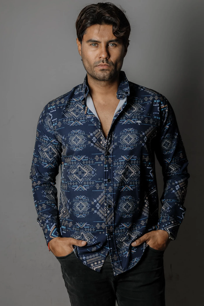 CAMISA HOMBRE SLIM FIT, AZUL MARINO DETALLES AZUL BLANCO BEIGE