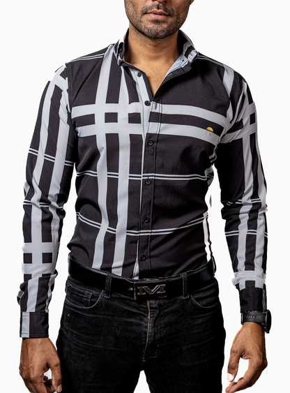 CAMISA HOMBRE CASUAL NEGRO RAYAS GRIS