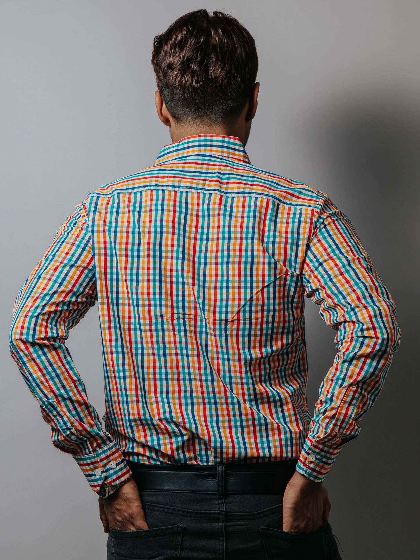 CAMISA HOMBRE SLIM FIT, CUADROS AMARILLOS, ROJOS, VERDES, AZUL
