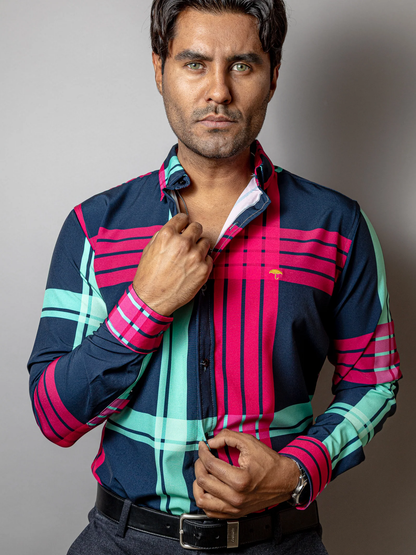 CAMISA CASUAL HOMBRE,AZUL MARINO LÍNEAS ROSA Y AZUL TURQUESA