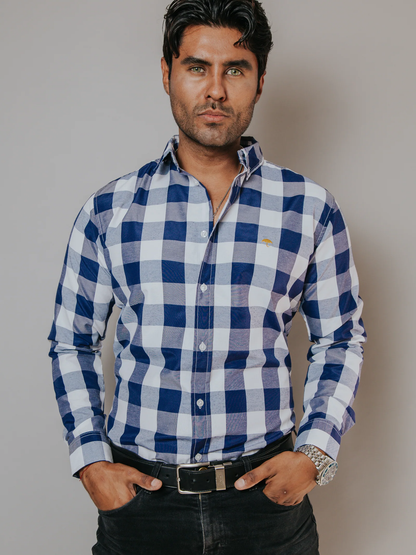 CAMISA CASUAL HOMBRE,CUADROS AZUL MARINO Y BLANCO