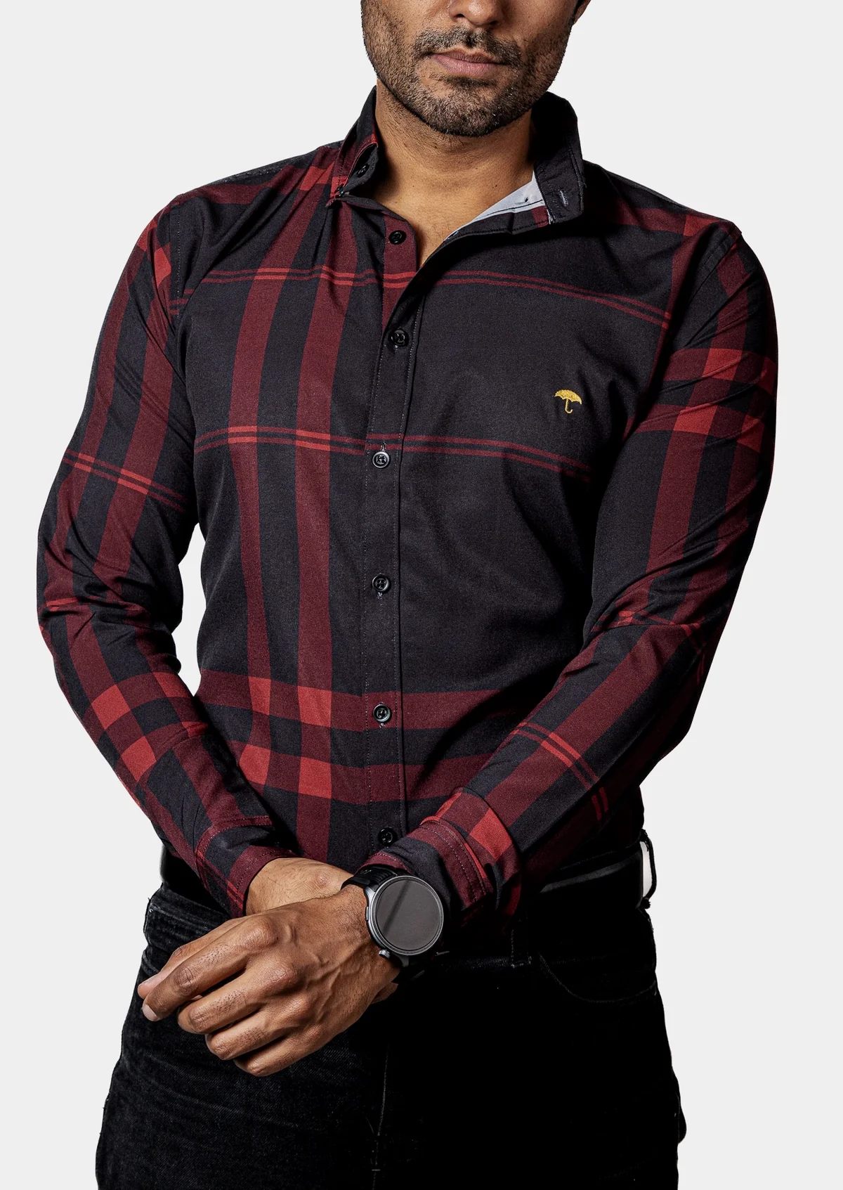 CAMISA HOMBRE CASUAL NEGRO RAYAS ROJAS