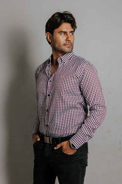CAMISA HOMBRE SLIM FIT, CUADROS VINO Y BLANCO