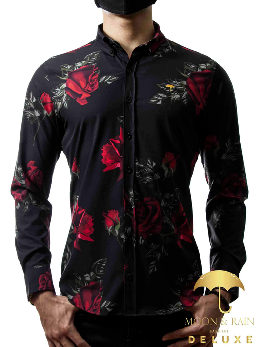 CAMISA  SLIM FIT NEGRA ROSAS ROJAS