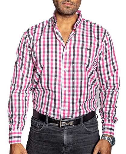 CAMISA HOMBRE CASUAL CUADROS ROSAS, BLANCOS, NEGROS PUNTOS