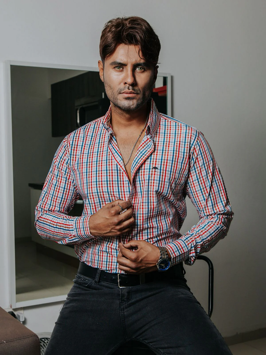CAMISA HOMBRE SLIM FIT, CUADROS AZUL, MARRÓN, ROJOS, GRIS
