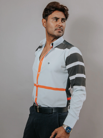 CAMISA HOMBRE SLIM FIT, AZUL CLARO LÍNEAS NEGRO Y NARANJA