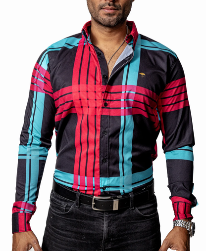 CAMISA CASUAL HOMBRE, NEGRA LÍNEAS ROSA Y AZUL TURQUEZA